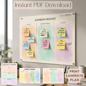 May include: A Kanban board wall planner with three columns labeled To Do, In Progress, and Done, featuring watercolor backgrounds in orange, green, and purple. Sticky notes with text are attached. Includes additional printable planner templates.