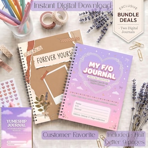 May include: Two spiral-bound journals with a brown cover featuring a torn paper design and a purple cover with a heart graphic labeled My F/O Journal Deluxe Edition. Includes a smaller purple Yumeship Journal, pens, washi tape, and lavender sprigs.