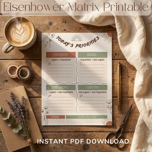 Könnte beinhalten: Eine druckbare Eisenhower-Matrix-Planerseite mit vier Quadranten, beschriftet als Do Now, Plan, Delegate und Delete, mit Linien zum Schreiben. Das Dokument enthält den Text Today's Priorities, date und daily big wins, verziert mit Strichzeichnungen.