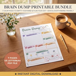 May include: A Brain Dump printable planner page featuring sections for tasks, worries, and bright ideas. The document includes the text Brain Dump, Everything on My Mind, Tasks to Tackle, Don't Forget, Worries, Bright Ideas, and People to Reach.