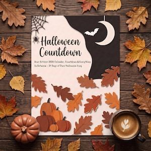 Può includere: Un calendario per il conto alla rovescia di Halloween per ottobre 2026 con ragnatela, ragno, luna crescente, pipistrello e zucche. Il testo recita: Halloween Countdown, Your October 2026 Calendar, Countdown & Everything In Between – 31 Days of Pure Halloween Cozy.
