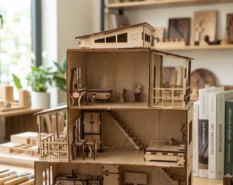Large 3 Story Wooden Dollhouse Kit DIY Miniature House w/ Furniture, 3D Model Craft Kit, Kids Gift, Creative Playset, Home Decor