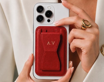 Personalized Leather MagSafe Wallet Stand, Popsocket Magnetic Grip Accessory, Slim Card Holder.