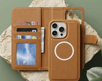 Detachable Magnetic Case ,Magsafe Leather wallet, iPhone 16, 15, 14, 13, 12 Case, Card Holder Stand Case.