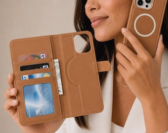 Detachable Magnetic Leather Wallet Case for iPhone 11-16, Card Holder Stand Folio