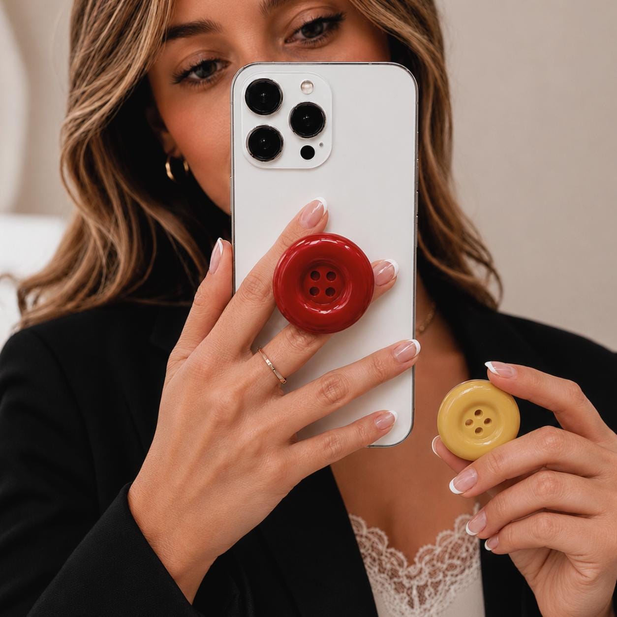 Discover 3D Button Phone Grip Stand, Folding Finger Holder, Pocket Accessory