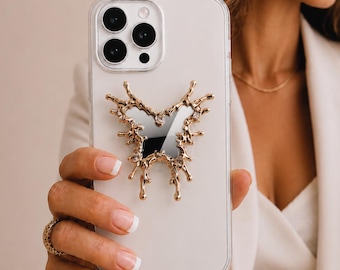 Heart Mirror Popsocket, Gold Silver Phone Grip for iPhone 17 16 15 14 Pro, Finger Ring Bracket Holder, Gift for Her