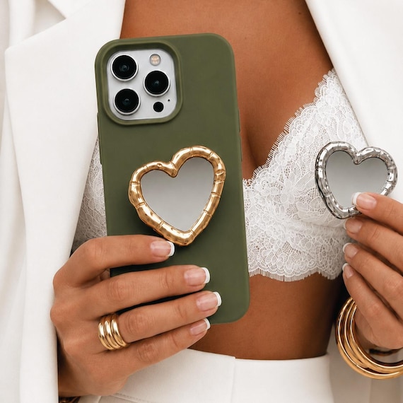 Heart Mirror Magnetic Phone Grip for iPhone 17 16 15 14 Pro, Kindle Grip, Finger Ring Bracket Holder, Gift for Her