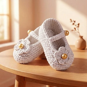 Può includere: Un paio di scarpine da neonato all'uncinetto grigio chiaro con un motivo floreale sulla punta. Le scarpe hanno un cinturino con una perla dorata e una perla dorata al centro del fiore. Le scarpe sono su un tavolo di legno.