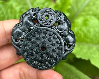 Black Jade PiXiu statue QiLIN Statue Pendant | Hand Carved Natural Stone Necklace | Spiritual Luckly Animal PiXiu Jewelry |Weak magnetism