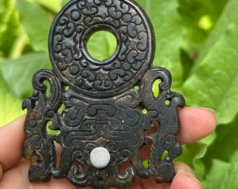 Ancient Style Jade Bi Disc Pendant, Hand Carved Ornament, Double Dragon Jade Pendant, Unique Stone Artifact Ornament
