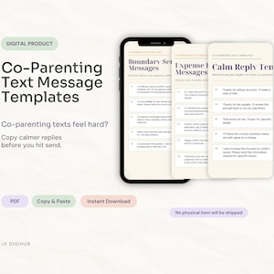 May include: A digital product featuring Co-Parenting Text Message Templates displayed on a smartphone screen. The interface shows categorized lists including Boundary Setting Messages, Expense Request Messages, and Calm Reply Templates for communication.