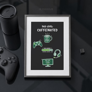 Op de afbeelding: Een ingelijste print met de tekst "DAD LEVEL: CAFFEINATED" en gaming-thema illustraties in groen en wit. Inclusief een koffiemok, gamecontroller, koptelefoon en een computerscherm.