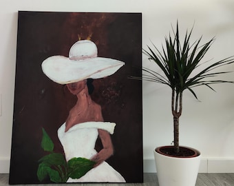Elegante Frau im weißen Hut - Originales Acrylgemälde