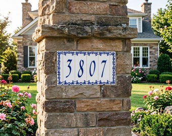 Handgemachte Keramik Hausnummern, blau & weiße Relieffliese (5 x 15 cm)