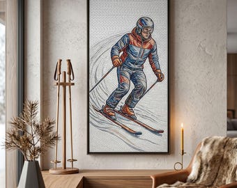 Handcrafted Marble Mosaic Skier Wall Art, Custom Ski Sport Mural, Glass Stone Decoration