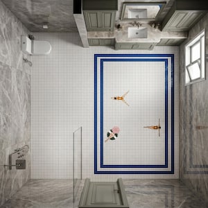 May include: A bathroom floor featuring a white mosaic tile center with a blue border, decorated with small figures of people swimming and a pink umbrella. The room includes a white toilet, a vanity with a sink, and gray marble-patterned walls.