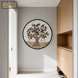 May include: A round mosaic artwork featuring a tree design. The tree has a brown trunk and branches with black, brown, and beige leaves. The mosaic is framed by a black and white border, mounted on a gray wall.