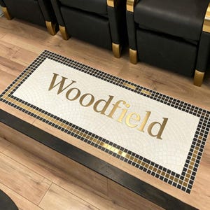 Custom Mosaic Name Sign | Ceramic, Metal, Marble Entryway Decor Mural |Woodfield