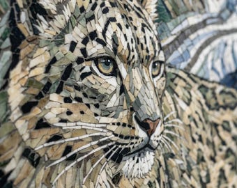 Handcrafted Marble Mosaic Snow Mountain & Snow Leopard Wall Art, Custom Art Mural, Glass Stone Decoration