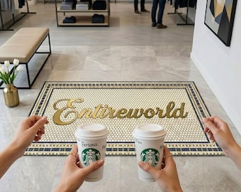 Themed Mosaic Doormat - Custom Black White Ceramic & Brass Entireworld Entry Sign