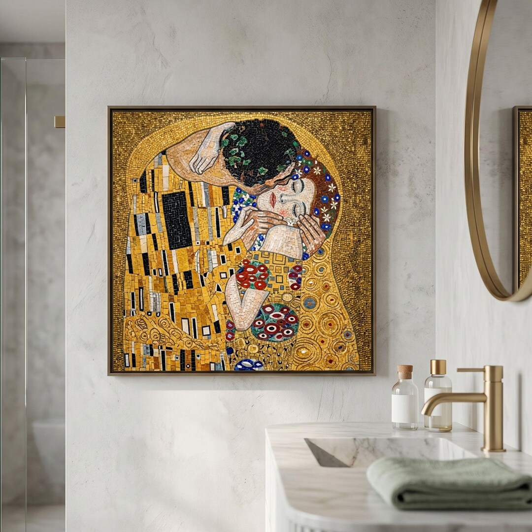 The Kiss Canvas Mosaic Wall Art, Gustav Klimt Gold Art, Romantic Couple ...