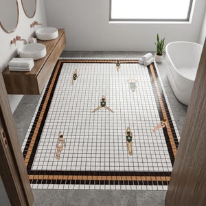 Peut inclure: Un tapis de salle de bain rectangulaire avec un motif quadrillé et des illustrations de nageurs. Le tapis a une bordure noire, marron et blanche. Les nageurs sont représentés dans diverses poses, ajoutant une touche ludique.