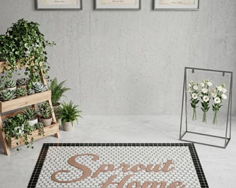 Custom Marble Mosaic Entrance Medallion, Branded Lettering Floor Sign, Hospitality Mat Sprout Home