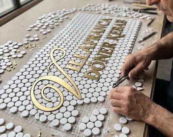 Felpudo de mosaico personalizado, letrero personalizado VILLAFRANCA DÖNER KEBAB, decoración del hogar hecha a mano