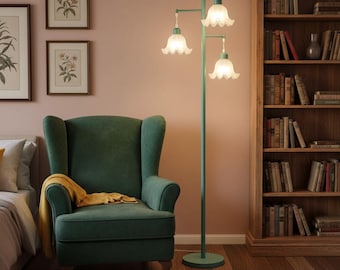 Green Floral Floor Lamp with 3 Lights, Boho Vintage Standing Lamp for Living Room Bedroom, Tall Flower Corner Lamp Home Decor
