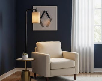 Modern Corner Floor Lamp with Linen Shade, Tall Standing Lamp for Living Room Bedroom, Minimal Slim Design Ambient Lighting Decor