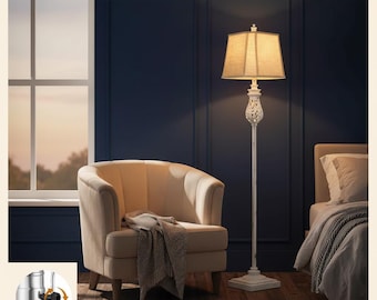 Vintage Farmhouse Floor Lamp with Night Light, Rustic Tall Standing Lamp with Linen Shade for Living Room Bedroom Corner Decor