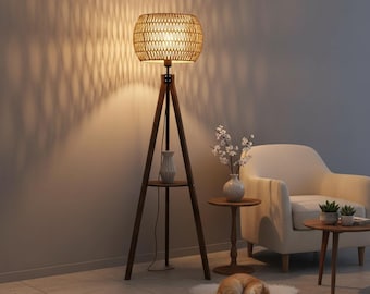 Boho Tripod Floor Lamp with Shelf, Rattan Shade Standing Lamp for Living Room Bedroom, Rustic Wood Tall Lamp, Minimal Home Decor