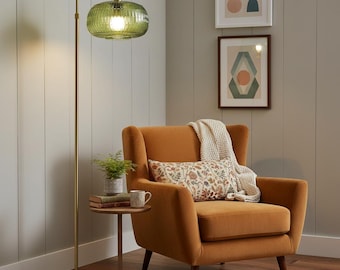 Green Glass Floor Lamp Gold Arc Design, Mid Century Modern Standing Lamp for Living Room Bedroom, Boho Tall Corner Decor Light