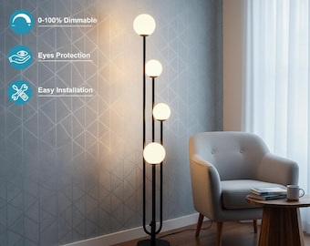 Black Globe Floor Lamp with 4 Lights and Tray, Mid Century Standing Lamp for Living Room Bedroom, Modern Tall Corner Decor