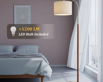 Walnut Gold Arc Floor Lamp, Mid Century Wood Standing Lamp for Living Room Bedroom, Adjustable Linen Shade Tall Home Decor Light
