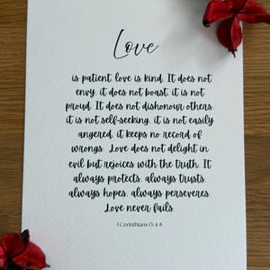 1 Corinthians 13:4-8 Love is Patient Print – Minimalist Christian Scripture Wall Art (A5)