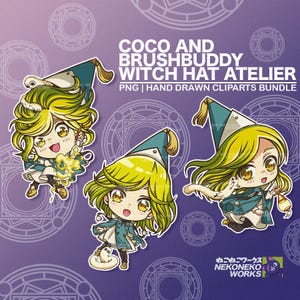 Könnte beinhalten: Ein digitales Kunstpaket mit drei Cartoon-Hexenfiguren mit grünen Haaren, die teal- und weißfarbene Outfits und Hexenhüte tragen. Der Text "COCO AND BRUSHBUDDY WITCH HAT ATELIER" wird über den Figuren angezeigt. Das Bild hat einen lila Hintergrund.