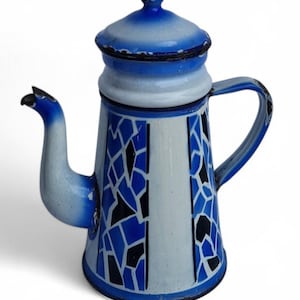 1930s French enamel Coffee Pot - White and Blue Art Deco Style, Hand-Painted, Rustic Farmhouse Decor | Primitive Kitchen, pitcher coffee