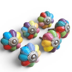 Tirador floral vintage: pomos para armarios y cajones de cómodas. Tirador de cerámica para armario con pétalos a rayas, juego de 6 pomos de los años 60.