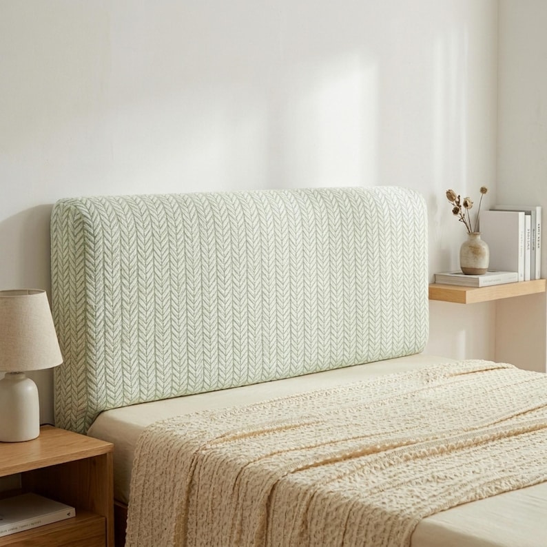 May include: A headboard with a light green and white chevron pattern. The bed is covered with a beige blanket. A small wooden bedside table and lamp are on the left. The headboard measures approximately 150cm in width.