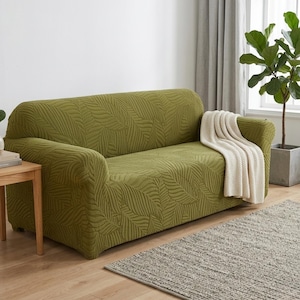 Jacquard Sofa Cover Leaf Pattern, Stretch Couch Slipcover, Elastic Fitted Sofa Protector