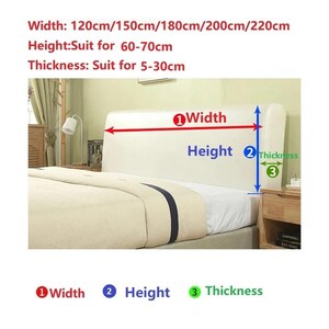 May include: A bed headboard with dimensions shown: width 120cm/150cm/180cm/200cm/220cm, height suits 60-70cm, and thickness suits 5-30cm. The image also shows a bed with a cream-colored comforter and a nightstand.
