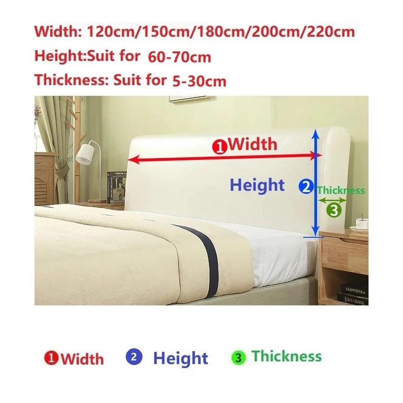 May include: A bed headboard with dimensions shown: width 120cm/150cm/180cm/200cm/220cm, height suits 60-70cm, and thickness suits 5-30cm. The image also shows a bed with a cream-colored comforter and a nightstand.