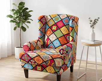 Stretch Wingback Chair Cover with Seat Cushion, Elastic Spandex Armchair Slipcover, Wing Chair Protector, Living Room Home Decor