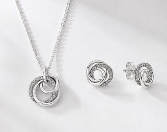 Conjunto de pendientes y collar Pandora Family Always Encircled - 60 cm, plata de ley 925, joyería minimalista, regalo de aniversario