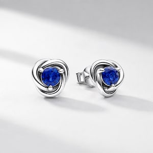 Op de afbeelding: Een paar oorknopjes met een ronde, diepblauwe edelsteen in het midden van een gepolijst zilverkleurig metalen frame. Het metalen ontwerp bestaat uit drie in elkaar grijpende, wervelende lussen die de centrale blauwe steen omringen.