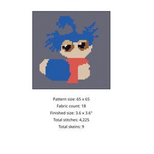 May include: Cross-stitch pattern featuring a cartoon worm character with blue hair, a red scarf, and tan body. The pattern size is 65 x 65, with a finished size of 3.6 x 3.6 inches. The image also includes the text "Worm18".