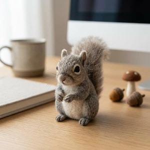 Op de afbeelding: Een handgemaakt grijs eekhoornbeeldje met een pluizige staart, witte buik en zwarte ogen. De eekhoorn staat op een houten oppervlak, met een paddenstoel en eikels in de buurt. Een mok en notitieboek staan op de achtergrond.
