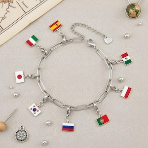Silverfärgade landsflaggor Anpassade berlockarmband | Souvenir från världsresenärer | Semesterminne | Resegåvor